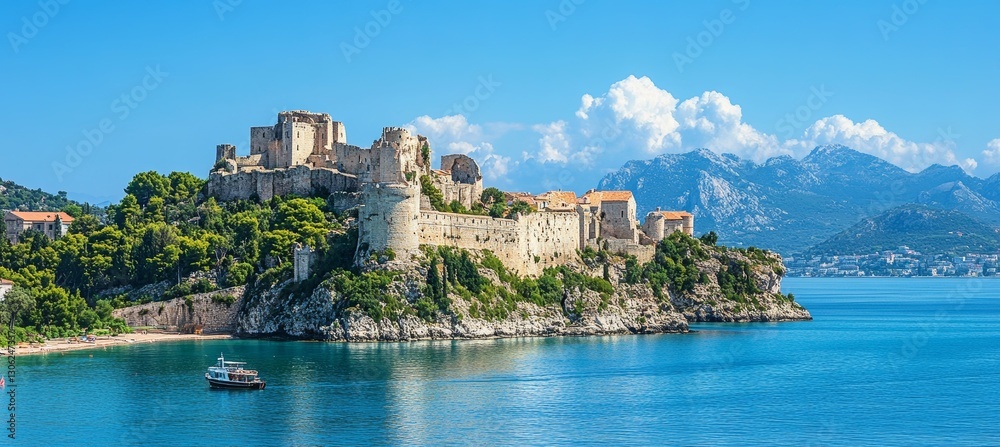 Stronghold fortress on cliff with lake view. Generative AI technology. Stronghold fortress on cliff with lake view. Generative AI technology.