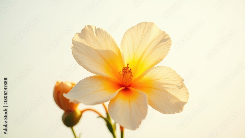 Fototapeta premium Single orange-tinted flower and buds against a white background, showcasing a citrus blossom neroli.