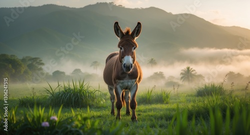 brown donkey grazing in the meadow, liberated farm animals, jarabacoa dominican republic