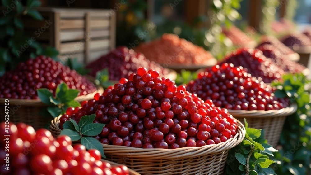 Baskets filled with dried cranberries and sour cherries at a market booth. Baskets filled with dried cranberries and sour cherries at a market booth.