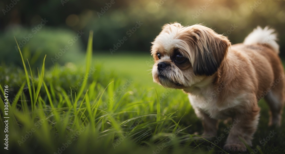 Shih Tzu Dog with Brown Coat Exploring Grass in the Garden for Food. Shih Tzu Dog with Brown Coat Exploring Grass in the Garden for Food.