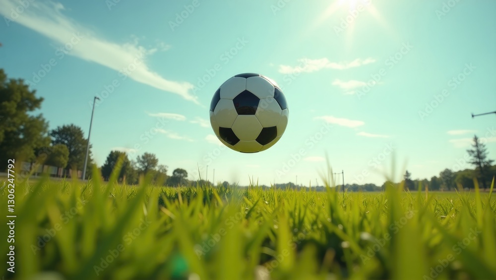 suspended above a grassy landscape with a soccer ball suspended above a grassy landscape with a soccer ball
