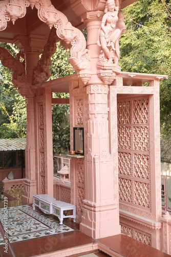 Shree Sambhavnath Shwetambar Jain Derasa, Jain temple in Ahmedabad city, Gujarat, India. Indian landmark, beautiful architecture. Hinduism. Architectural landmark, monument, sight in Ahmedabad, India photo