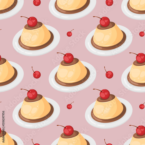 A seamless pattern featuring crème caramel puddings with cherries on white plates, scattered against a light pink background. Perfect for food themed backgrounds, textiles, and packaging.
