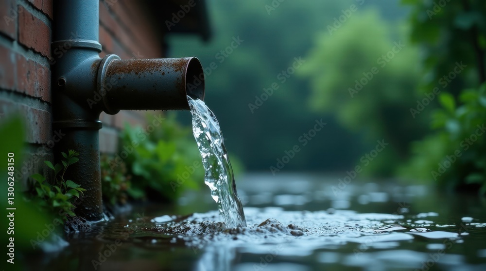 Rusty pipe pouring clean water into a tranquil stream, a study in contrasts. Rusty pipe pouring clean water into a tranquil stream, a study in contrasts.