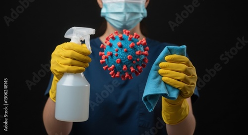 Person sanitizing with cleaning spray and cloth.