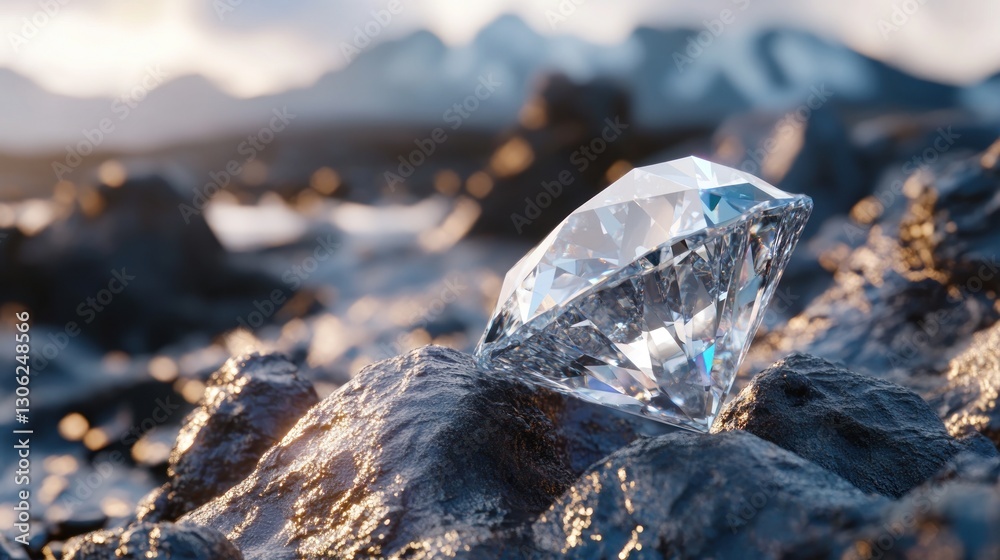 Obraz premium Diamond on volcanic rock, mountain sunset backdrop