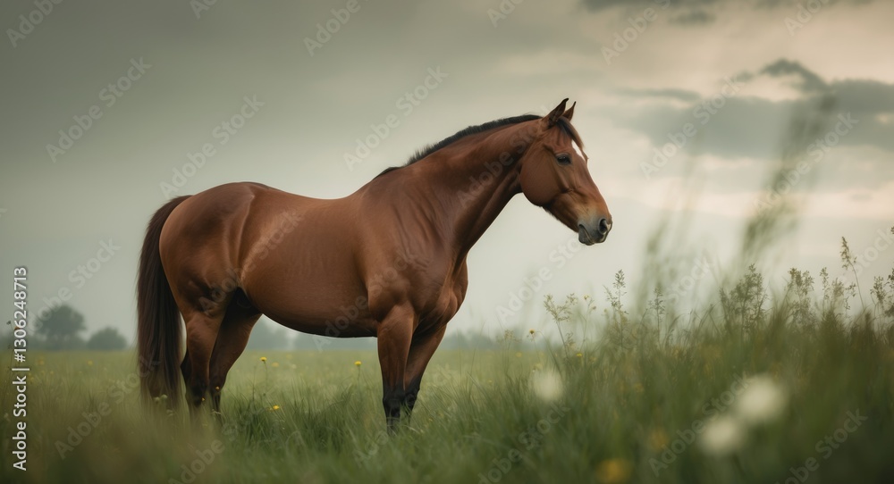 Obraz premium chestnut mare poised in a grassy meadow