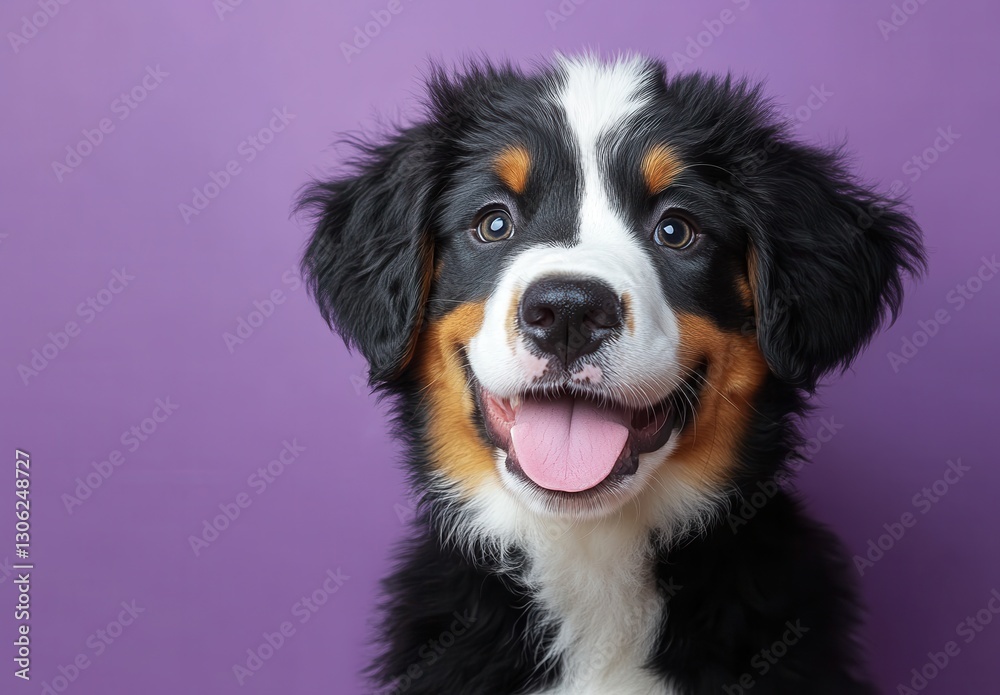 Happy Bernese Mountain Dog Puppy Posing Against a Vibrant Purple Background with a Cheerful Expression and Relaxed Ears Displaying Playful Personality Happy Bernese Mountain Dog Puppy Posing Against a Vibrant Purple Background with a Cheerful Expression and Relaxed Ears Displaying Playful Personality