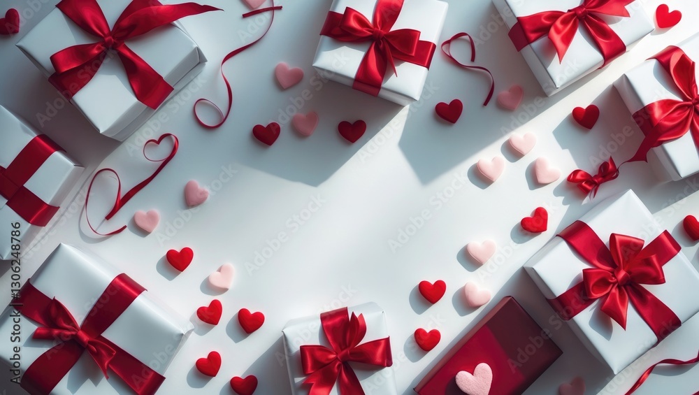 Valentine's Day backdrop featuring gift boxes with red ribbons and hearts on a white surface from a top-down perspective.