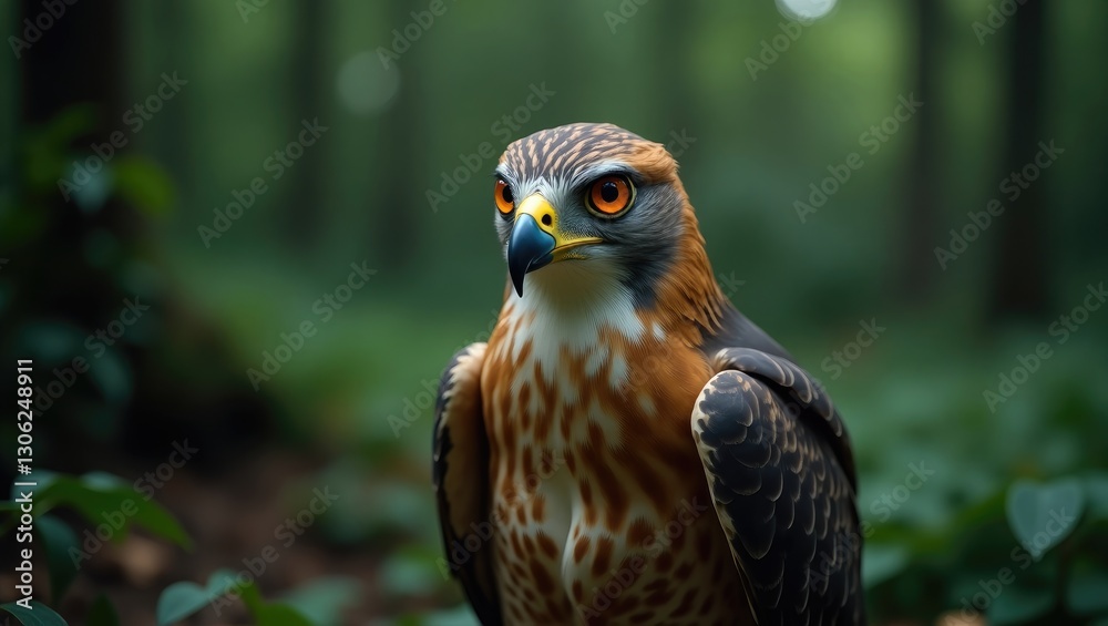 Hawk observation. Portrait of a northern goshawk; Accipiter gentilis; amidst a dark green forest. Summer wildlife scene. Close-up of a gentle raptor with striking orange eyes in its natural habitat. Hawk observation. Portrait of a northern goshawk; Accipiter gentilis; amidst a dark green forest. Summer wildlife scene. Close-up of a gentle raptor with striking orange eyes in its natural habitat.