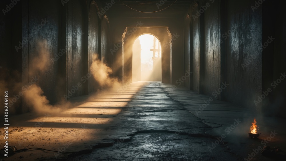 Obraz premium a passageway in the underworld featuring a concrete floor and beams of sunlight