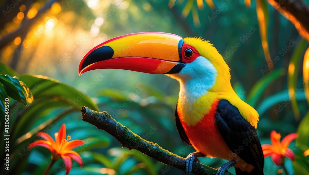 Obraz premium Vibrant juvenile Toco Toucan bird set in the tropical Pantanal region of Brazil