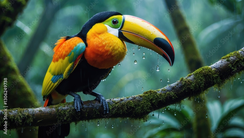 Fototapeta premium Intricate close-up of a toucan. Vibrant bird with a large beak, the chestnut-mandibled variety perched on a branch amidst tropical rain and lush greenery in Costa Rica.