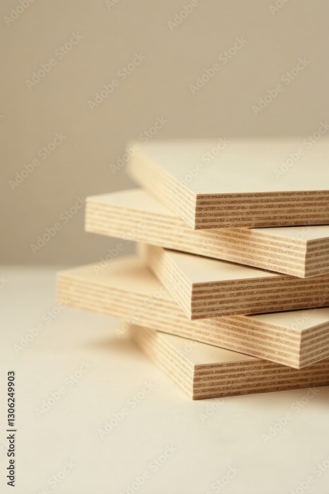 Stack of Smooth Light Brown Plywood Sheets, Close-up View Showing Wood Grain and Layers Stack of Smooth Light Brown Plywood Sheets, Close-up View Showing Wood Grain and Layers