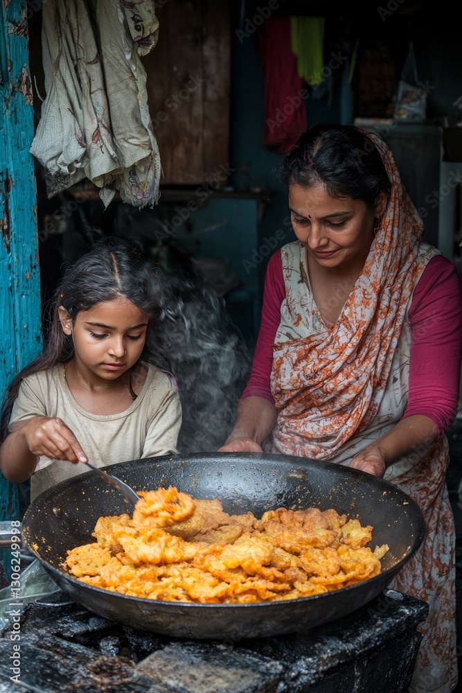 A mother and daughter fry crispy pakoras while chatting about their favorite Ramadan memories. The golden fritters sizzle in the pan. A mother and daughter fry crispy pakoras while chatting about their favorite Ramadan memories. The golden fritters sizzle in the pan.