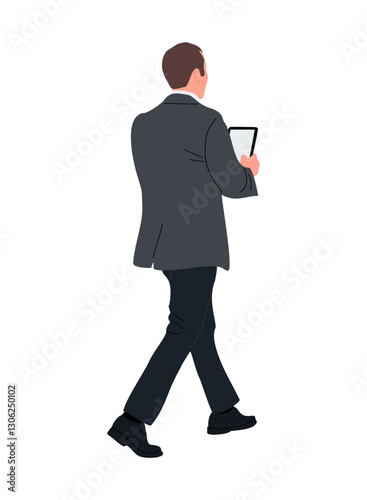 Businessman character walking with digital tablet back view. Handsome man wearing formal suit rear view. Vector realistic illustration isolated