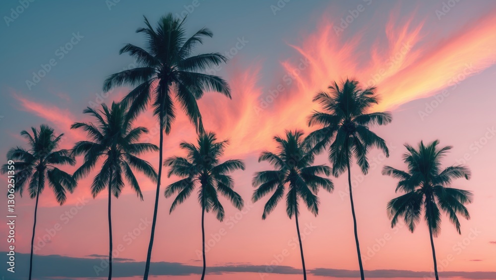 Evening tropical skyline featuring a silhouette of palm trees against a vibrant sunset backdrop. Evening tropical skyline featuring a silhouette of palm trees against a vibrant sunset backdrop.