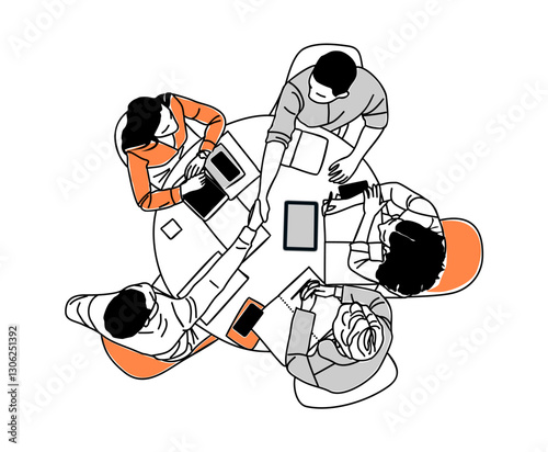 Business team members, sitting at the desk, working together top view. Businessman and businesswomen handshaking, discussing, brainstorming. Vector outline illustration isolated