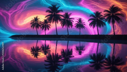 Fototapeta Naklejka Na Ścianę i Meble -  Silhouettes of tropical palm trees set against a vibrant, abstract, neon backdrop. Image showing palm trees mirrored in the water.