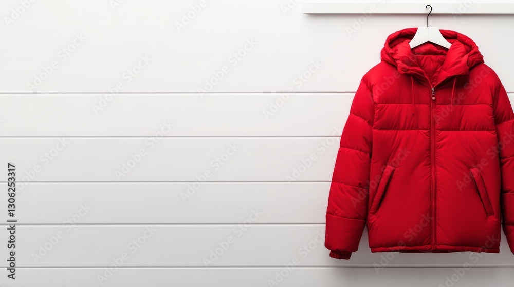 A bold red puffer jacket hangs neatly on a sleek white rack, casting delicate shadows against an understated background, showcasing modern fashion design A bold red puffer jacket hangs neatly on a sleek white rack, casting delicate shadows against an understated background, showcasing modern fashion design