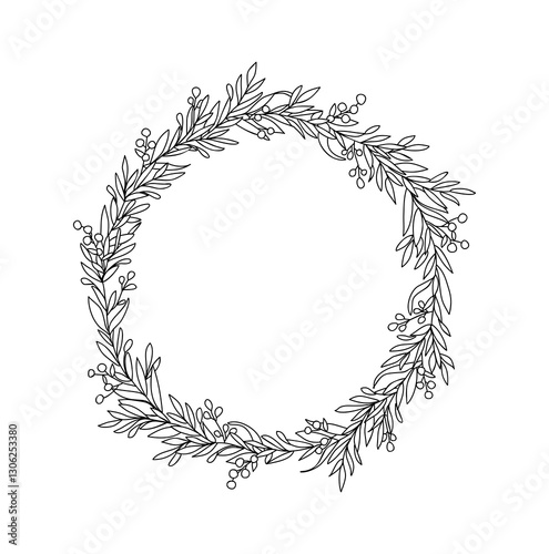 Christmas wreath with holly berries, mistletoe, flowers and leaves hand drawn black ink style sketch. Vector illustration isolated 