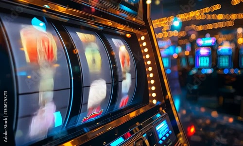 A close-up image of a slot machine with three lucky sevens and bright bokeh.