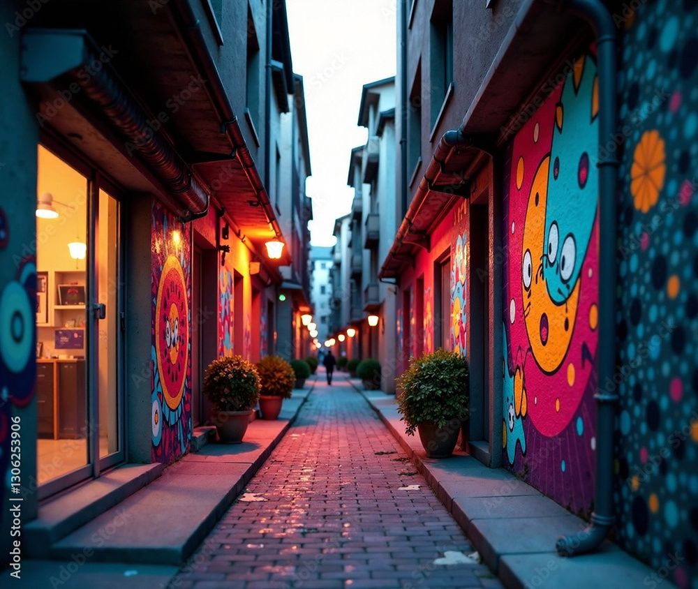 Fototapeta premium A vibrant city alley adorned with intricate street art patterns, blending geometric shapes and surrealist elements, illuminated by the warm glow of twilight.