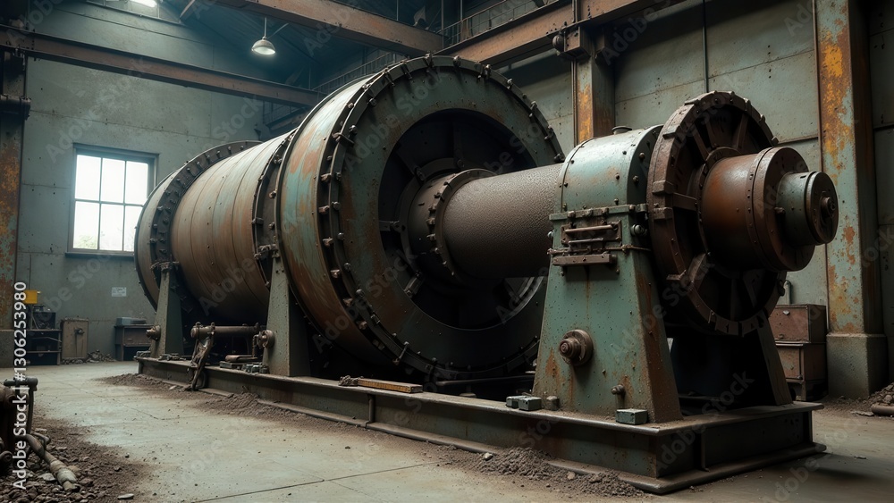 A colossal, aged industrial grinder rests within a derelict factory, its weathered metal surfaces bearing witness to countless hours of operation A colossal, aged industrial grinder rests within a derelict factory, its weathered metal surfaces bearing witness to countless hours of operation