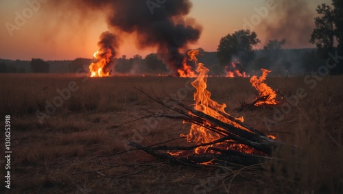 Burning dry grass in a countryside meadow at sunset. Wildfire consumes the field with orange flames and rising smoke. Open flames and bushfire in a natural area. Nature ablaze. Threat and Calamity. photo