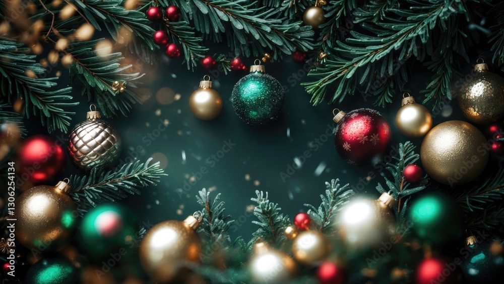Fototapeta premium Thematic backdrop for the holiday season featuring evergreen branches and decorative baubles, viewed from above.
