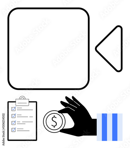 Hand holding coin next to checklist and video play button, combining investment, task management, and multimedia. Ideal for finance, budgeting, education, content creation, business productivity