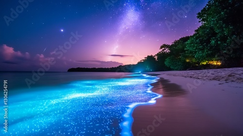 Nighttime bioluminescent beach, starry sky, tropical island photo