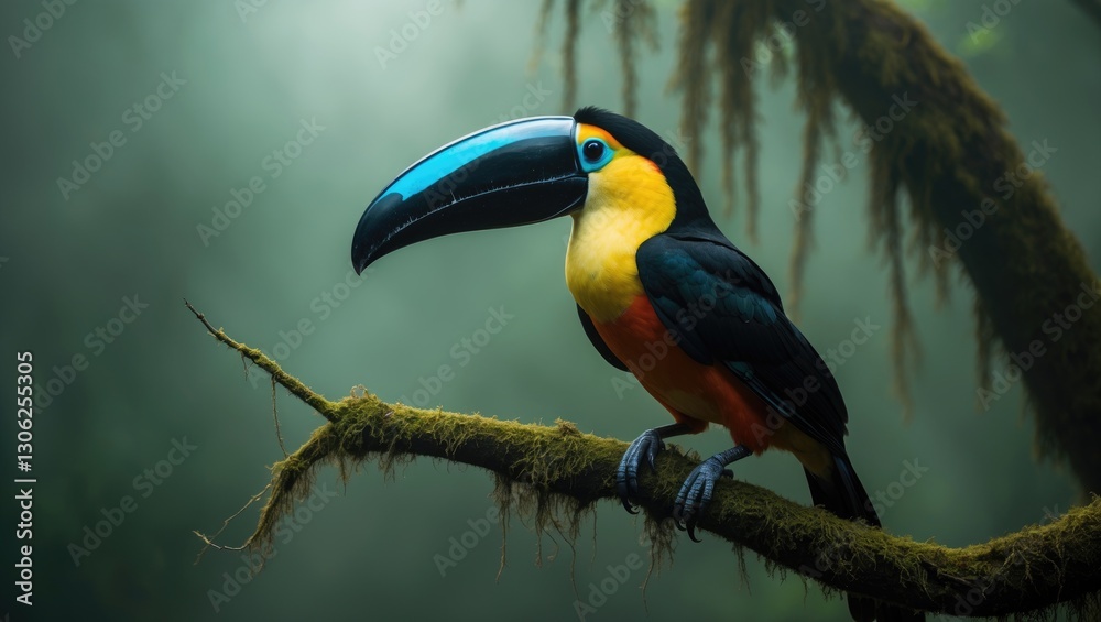 Obraz premium a toucan featuring a prominent dark beak, blue accents by its eyes, a pale yellow-white chest, and a black plumage on its back