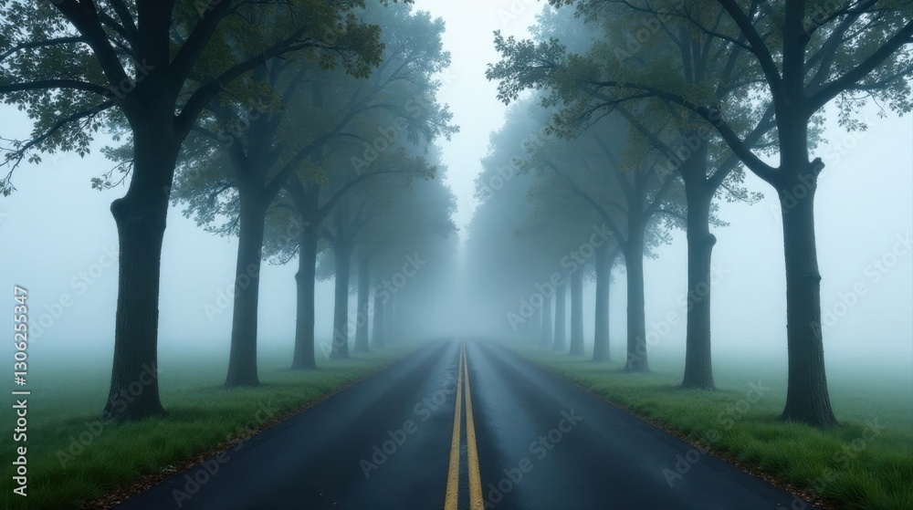 A misty road disappearing into the fog, lined with tall trees on either side, creating a mysterious and serene atmosphere. A misty road disappearing into the fog, lined with tall trees on either side, creating a mysterious and serene atmosphere.