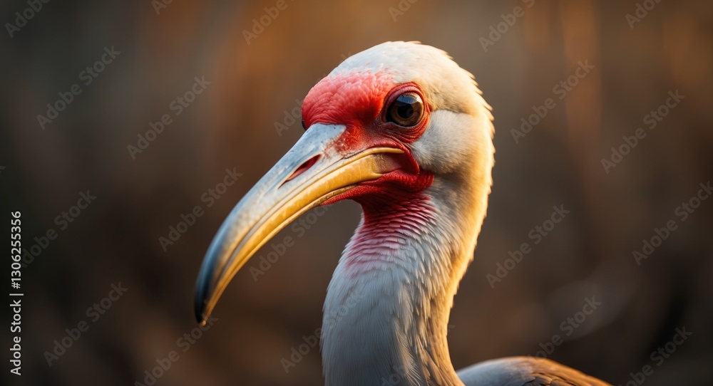 Fototapeta premium Detailed portrait of the Northern bald ibis (Geronticus eremita) featuring a soft focus natural backdrop.