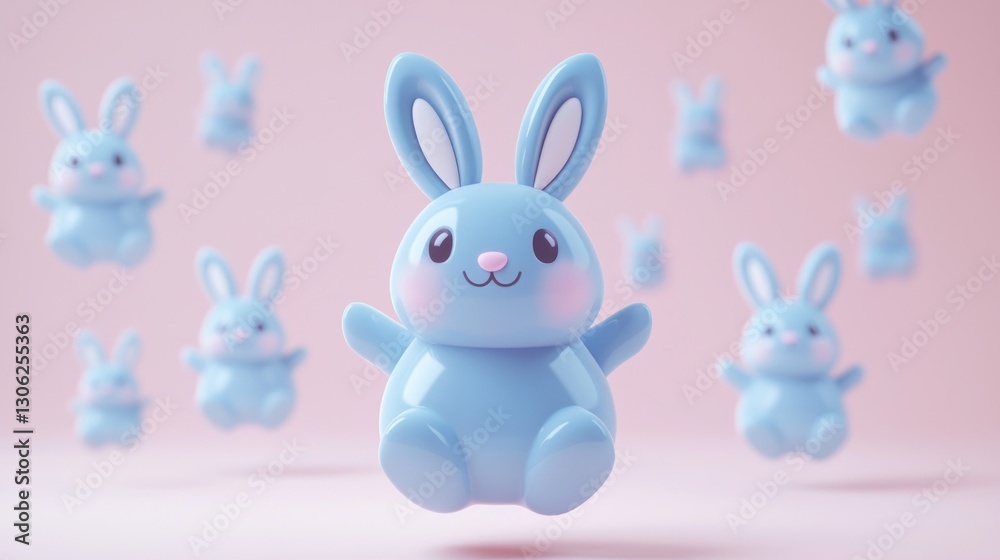 Fototapeta premium Cute cartoon bunnies floating in a soft pink environment