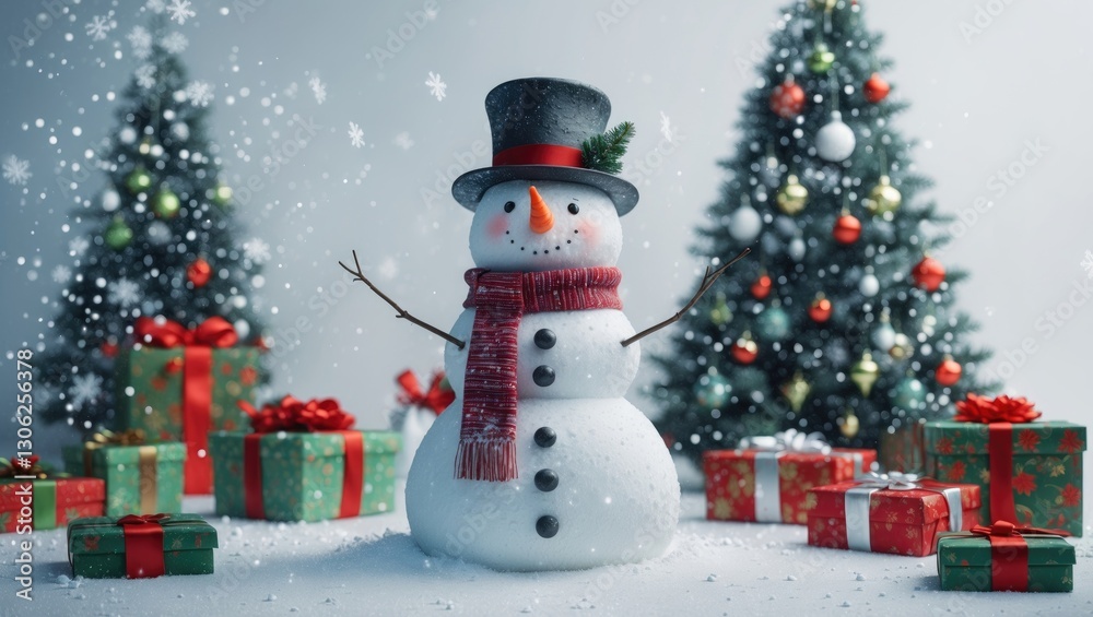 Festive snowman, snowflakes, gift boxes, and Christmas trees against a white backdrop. Continuously patterned design, handcrafted for holiday celebrations and New Year decorations for 2022. Festive snowman, snowflakes, gift boxes, and Christmas trees against a white backdrop. Continuously patterned design, handcrafted for holiday celebrations and New Year decorations for 2022.
