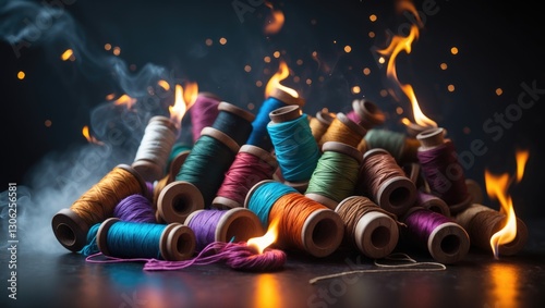 Spools of vibrant, multi-colored threads with flames on a dark background photo