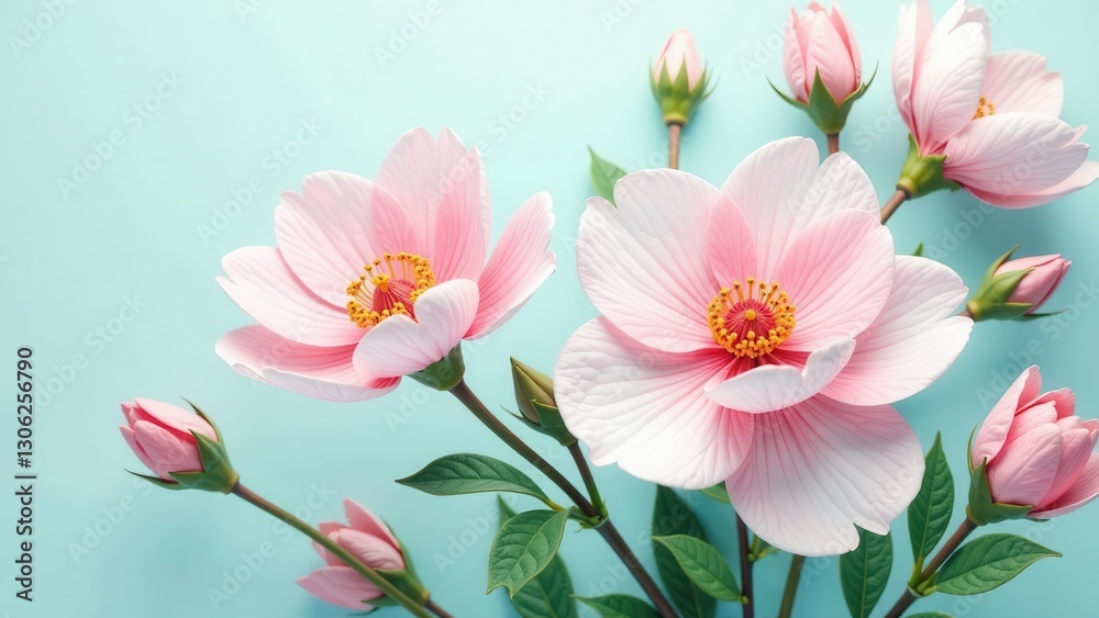 Fototapeta premium Delicate Pink Blossoms on a Light Blue Background A Close-Up Study of Elegant Floral Beauty