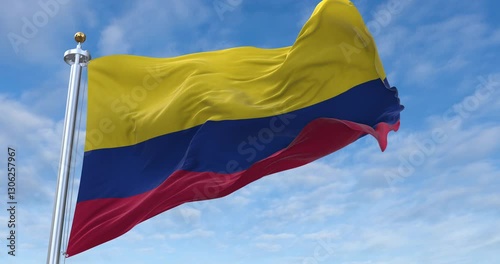 Colombia flag with flagpole waving in wind, rolling clouds background looping, 4K video (Perfect Loop)