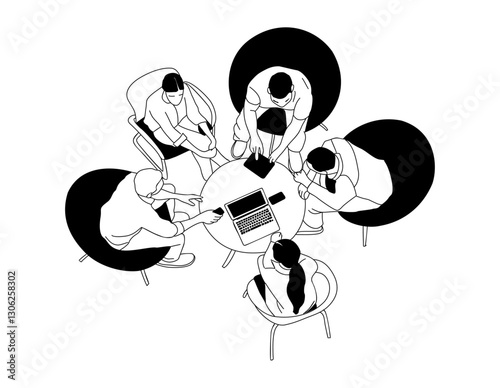 Team work business concept illustration. Top view of men and women working together around the desk. Modern vector simple outline style drawing for graphic and web design isolated