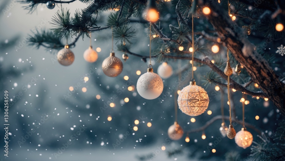 Fototapeta premium Decorative Christmas ornaments and lights hang from pine branches, creating a winter holiday scene.