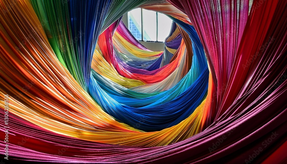 Naklejka premium Multicolored fabric drapes in a spiraling motion, creating a sense of movement in a modern gallery, illuminated from above, soft shadows