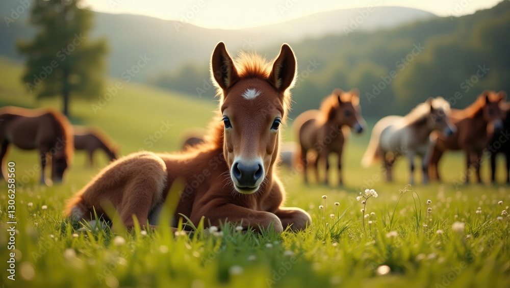 Adorable young foal relaxing among the herd on the farm, gazing at the camera. Adorable young foal relaxing among the herd on the farm, gazing at the camera.