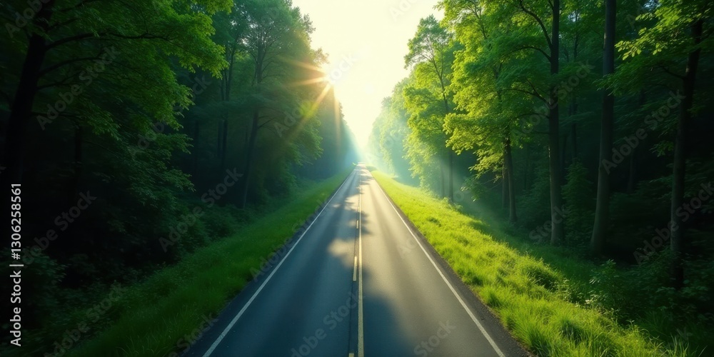 Asphalt road stretching towards a sunlit horizon, flanked by lush green trees casting long shadows in a tranquil forest scene Asphalt road stretching towards a sunlit horizon, flanked by lush green trees casting long shadows in a tranquil forest scene