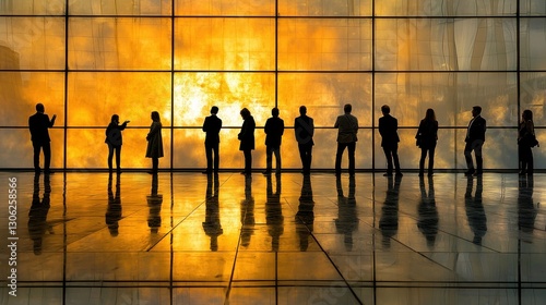 Silhouetted people stand and gaze through a large illuminated window pane