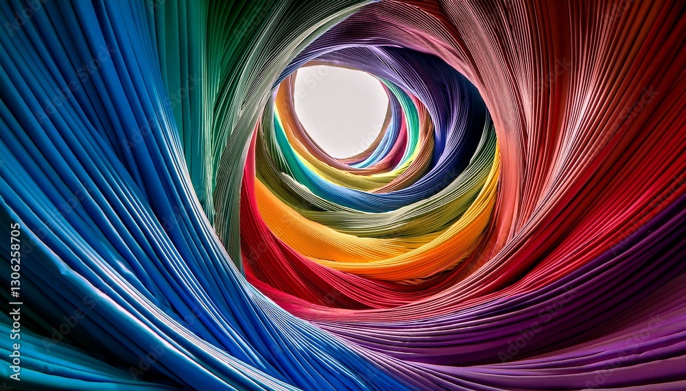 Naklejka premium Multicolored fabric drapes in a spiraling motion, creating a sense of movement in a modern gallery, illuminated from above, soft shadows