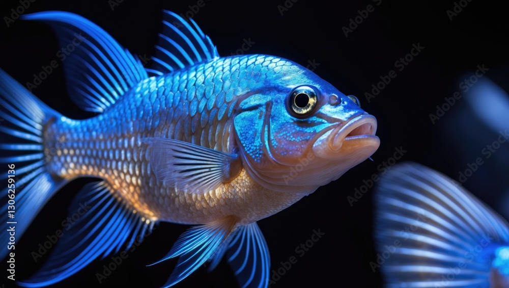 Fototapeta premium Close-up of a vibrant blue fish set against a dark background.