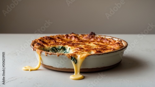Baking dish filled with artichoke spinach dip featuring a stringy cheese pull